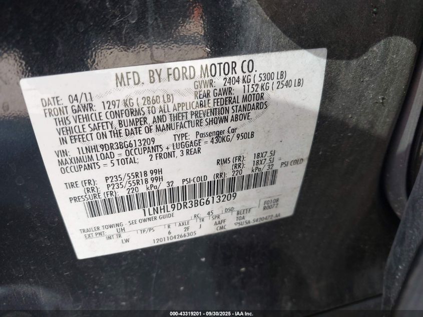 2011 Lincoln Mks VIN: 1LNHL9DR3BG613209 Lot: 43319201