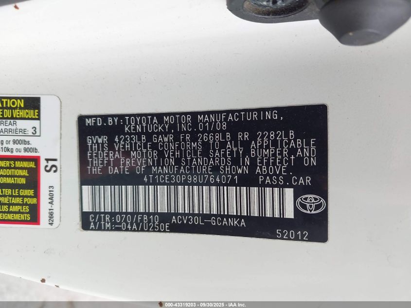 2008 Toyota Camry Solara Se VIN: 4T1CE30P98U764071 Lot: 43319203