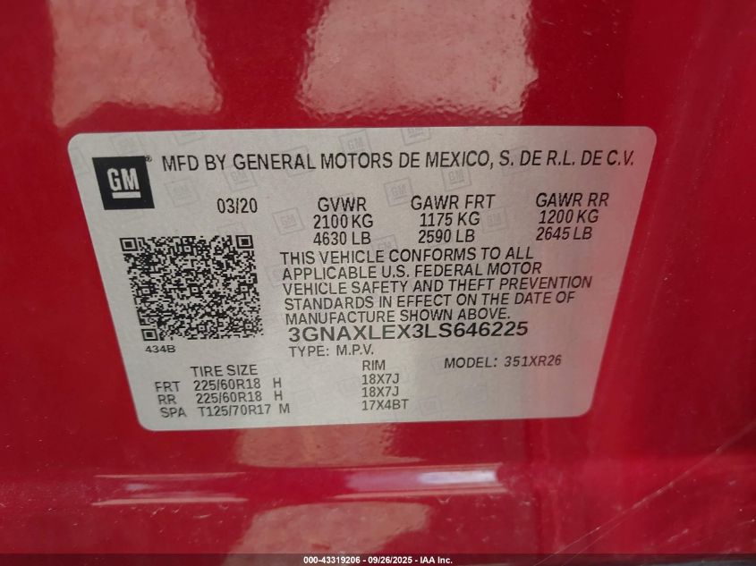 2020 Chevrolet Equinox Fwd Lt 2.0L Turbo VIN: 3GNAXLEX3LS646225 Lot: 43319206