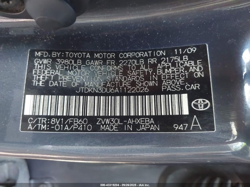 2010 Toyota Prius Iii VIN: JTDKN3DU6A1122026 Lot: 43319204