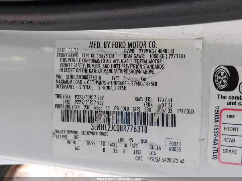 2011 Lincoln Mkz VIN: 3LNHL2JC0BR776318 Lot: 43319218