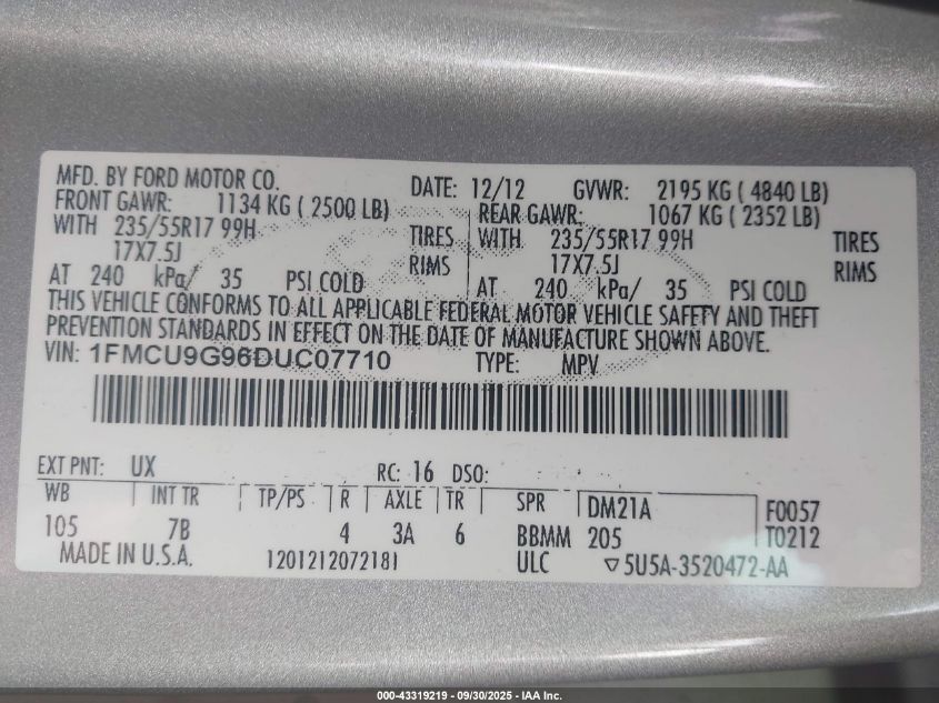 2013 Ford Escape Se VIN: 1FMCU9G96DUC07710 Lot: 43319219