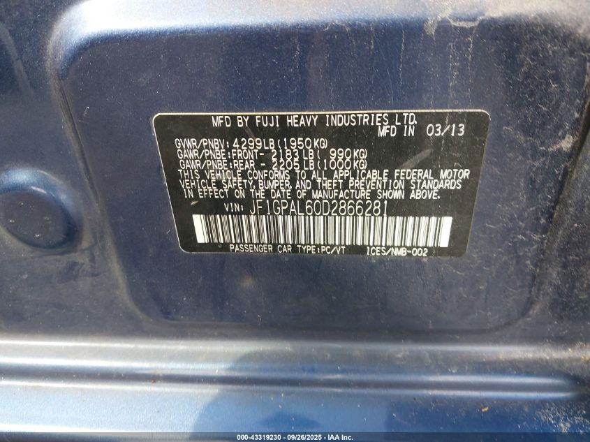 2013 Subaru Impreza 2.0I Sport Premium VIN: JF1GPAL60D2866281 Lot: 43319230
