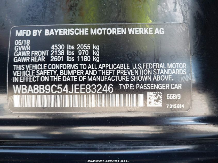 2018 BMW 330I VIN: WBA8B9C54JEE83246 Lot: 43319232
