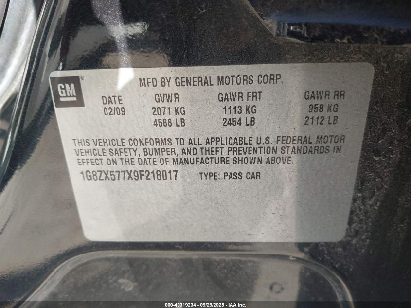 2009 Saturn Aura Xr VIN: 1G8ZX577X9F218017 Lot: 43319234