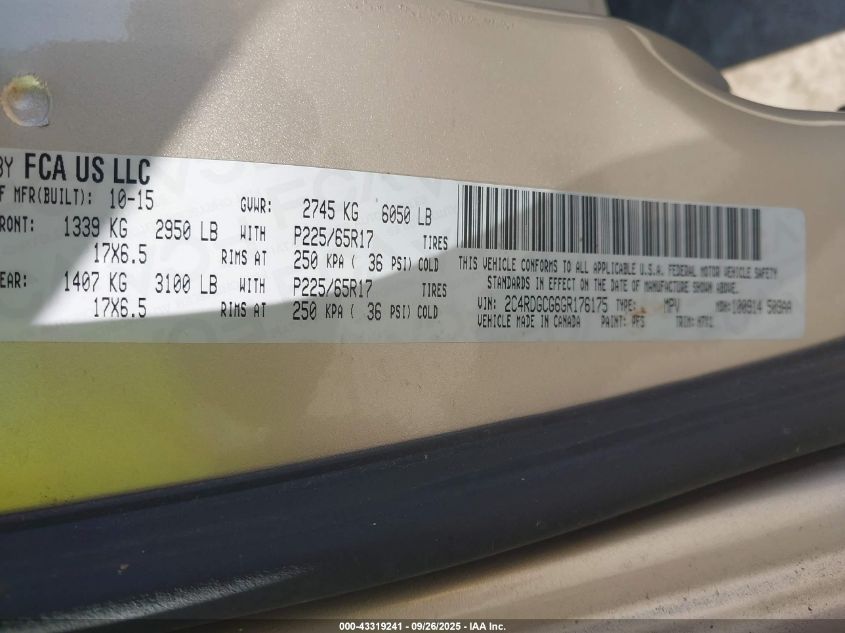 2016 Dodge Grand Caravan Sxt VIN: 2C4RDGCG6GR176175 Lot: 43319241