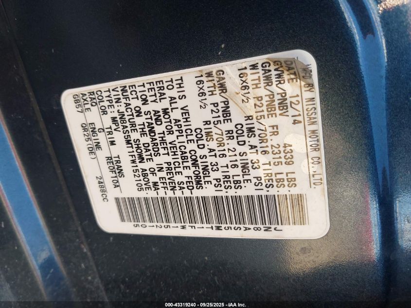 2015 Nissan Rogue Select S VIN: JN8AS5MT1FW152105 Lot: 43319240