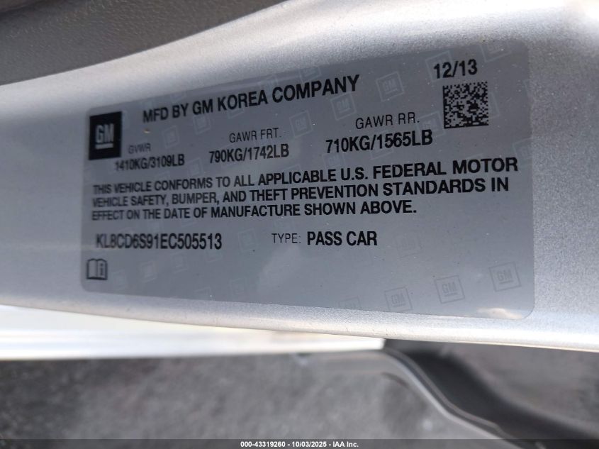 2014 Chevrolet Spark 1Lt Auto VIN: KL8CD6S91EC505513 Lot: 43319260