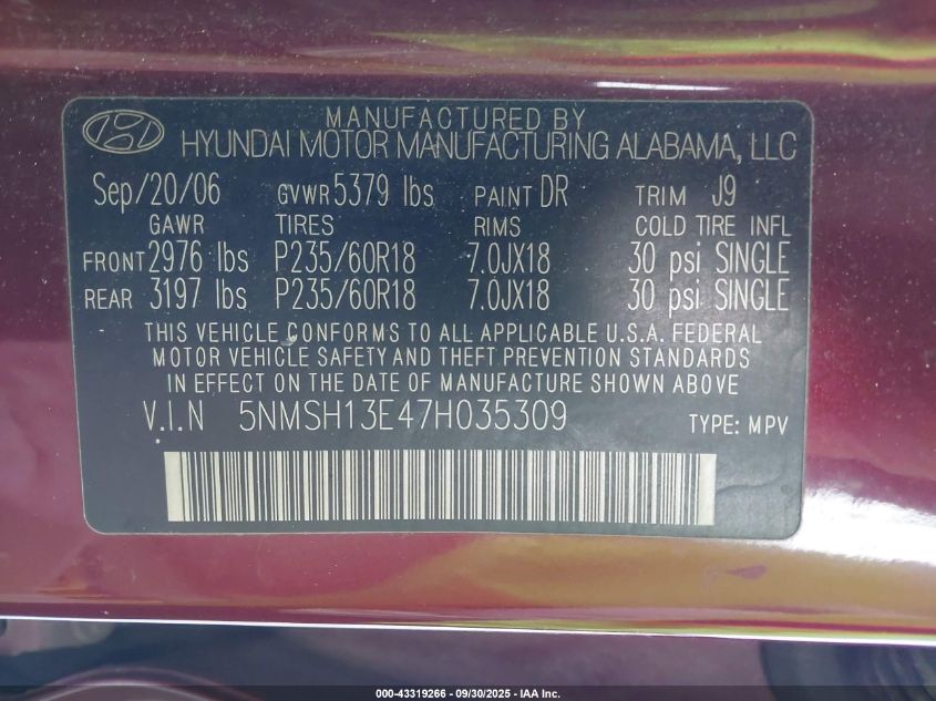 2007 Hyundai Santa Fe Limited/Se VIN: 5NMSH13E47H035309 Lot: 43319266