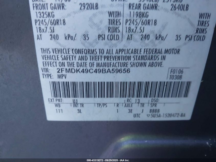 2009 Ford Edge Limited VIN: 2FMDK49C49BA59656 Lot: 43319272