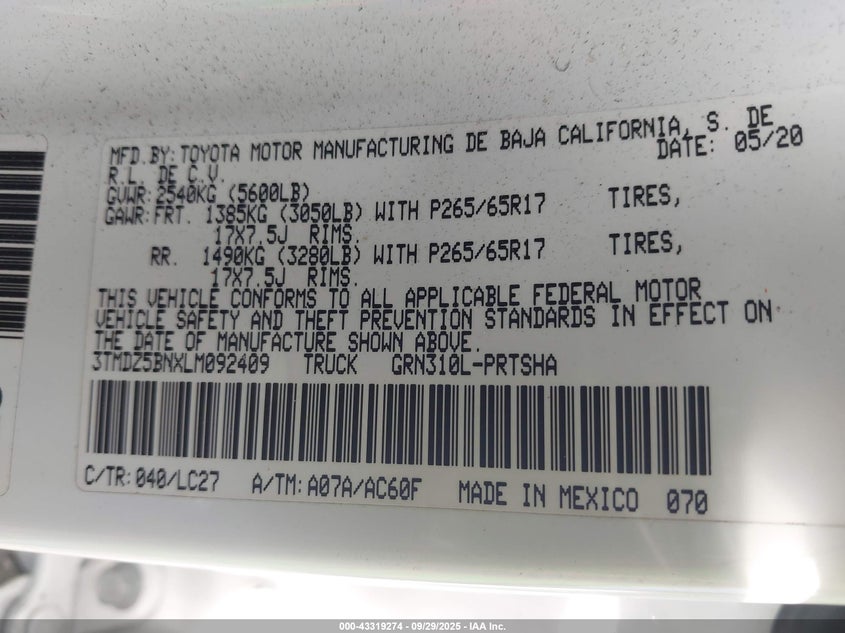 2020 TOYOTA TACOMA - 3TMDZ5BNXLM092409