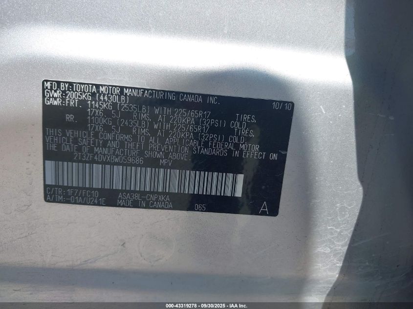 2011 Toyota Rav4 VIN: 2T3ZF4DVXBW059686 Lot: 43319278