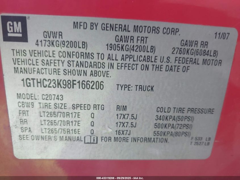 2008 GMC Sierra 2500Hd Sle2 VIN: 1GTHC23K98F166206 Lot: 43319286