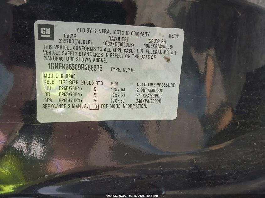 2009 Chevrolet Suburban 1500 Lt2 VIN: 1GNFK26389R268375 Lot: 43319300