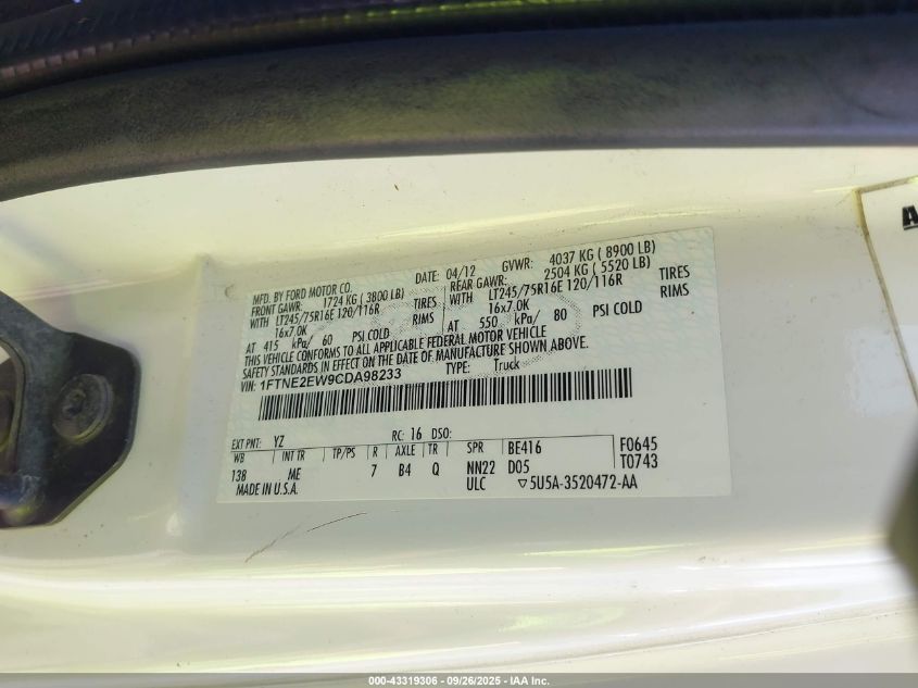 2012 Ford E-250 Commercial VIN: 1FTNE2EW9CDA98233 Lot: 43319306