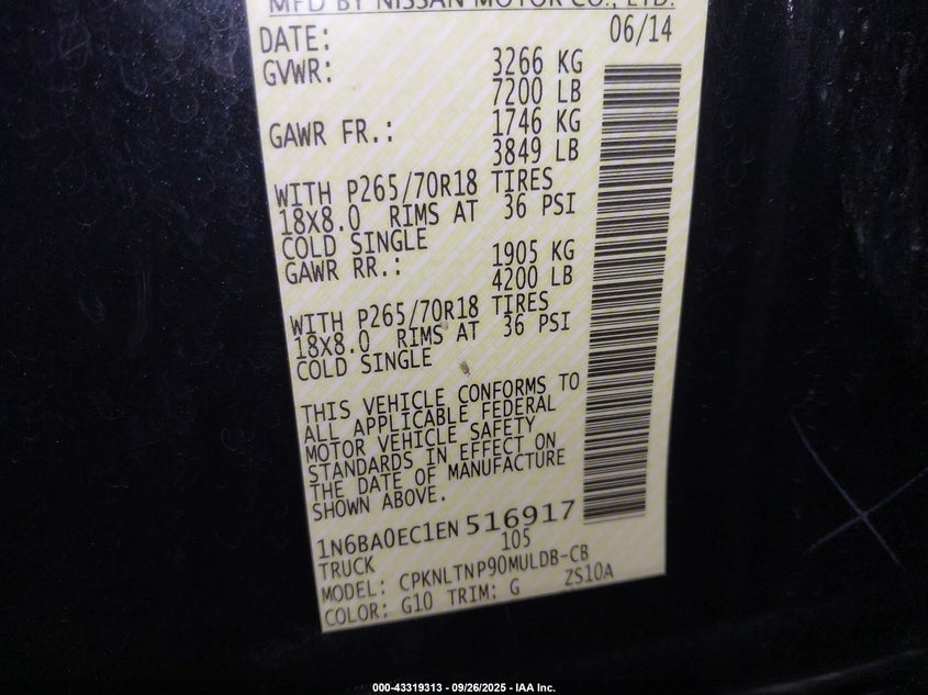 2014 NISSAN TITAN PRO-4X/S/SL/SV - 1N6BA0EC1EN516917