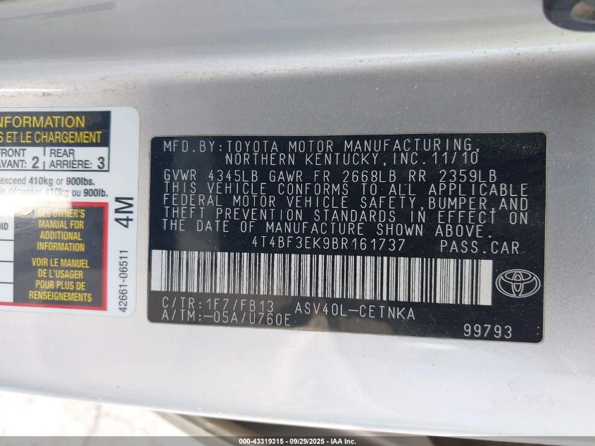 2011 Toyota Camry Le VIN: 4T4BF3EK9BR161737 Lot: 43319315