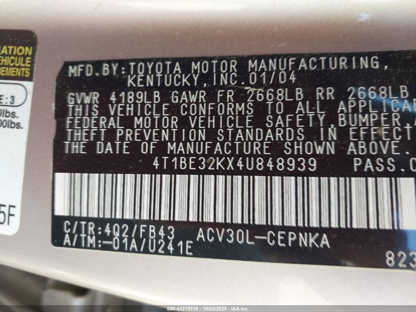 2004 Toyota Camry Le VIN: 4T1BE32KX4U848939 Lot: 43319318