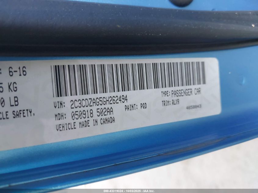 2016 Dodge Challenger Sxt Plus VIN: 2C3CDZAG5GH262494 Lot: 43319324