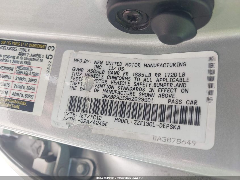 2006 Toyota Corolla S VIN: 1NXBR32E96Z623901 Lot: 43319333