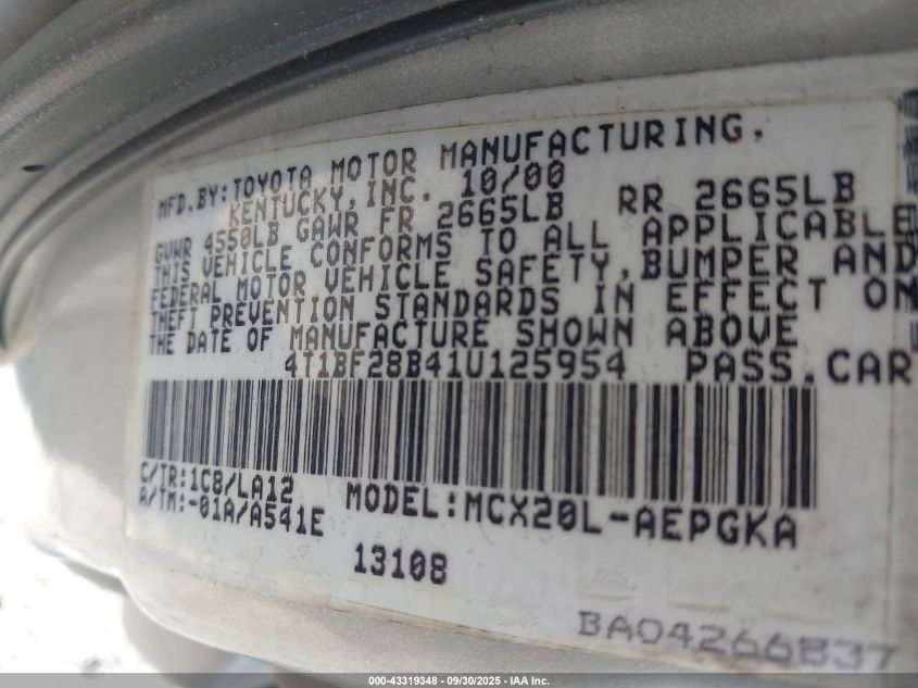 2001 Toyota Avalon Xls VIN: 4T1BF28B41U125954 Lot: 43319348