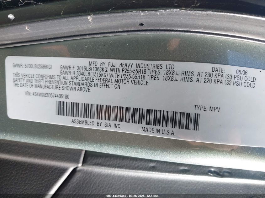 2007 Subaru B9 Tribeca Limited 5-Passenger VIN: 4S4WX83D574406180 Lot: 43319349