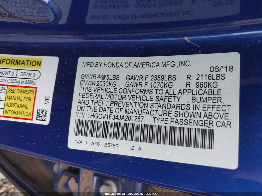 1HGCV1F34JA201287 2018 HONDA ACCORD photo no. 9