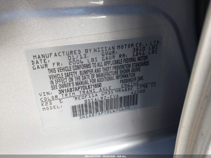 2013 Nissan Sentra Sr VIN: 3N1AB7AP7DL671650 Lot: 43319356