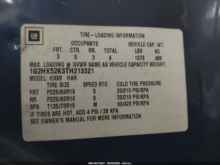 1996 Pontiac Bonneville Se VIN: 1G2HX52K3TH213321 Lot: 43319357