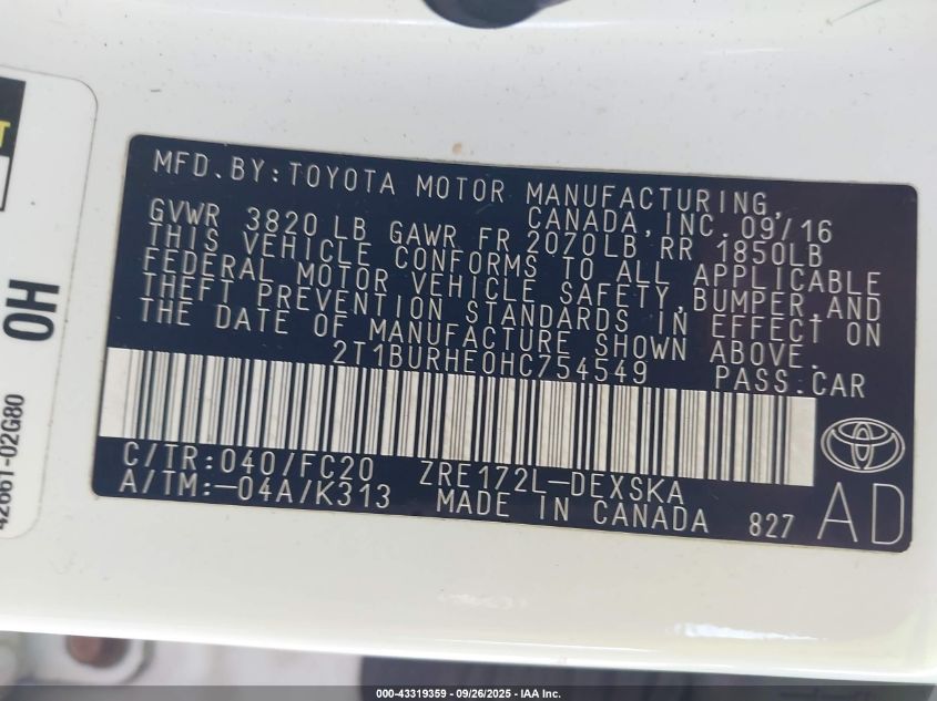 2017 Toyota Corolla Se VIN: 2T1BURHE0HC754549 Lot: 43319359