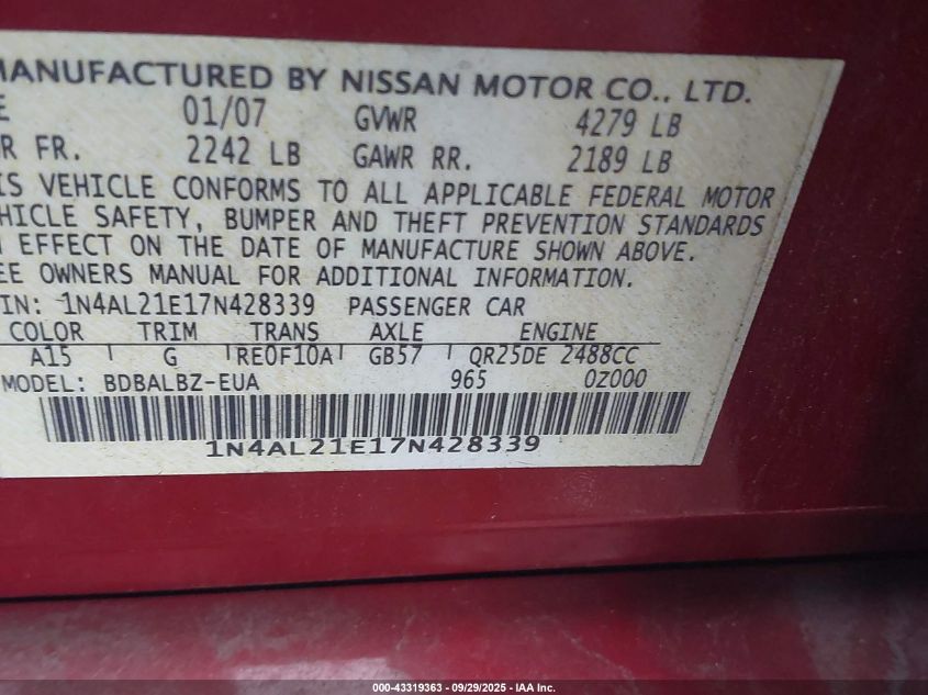 2007 Nissan Altima 2.5 S VIN: 1N4AL21E17N428339 Lot: 43319363
