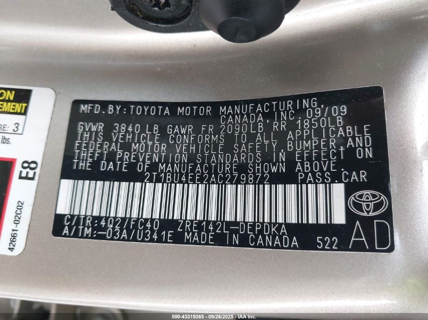 2010 Toyota Corolla Le VIN: 2T1BU4EE2AC279872 Lot: 43319365