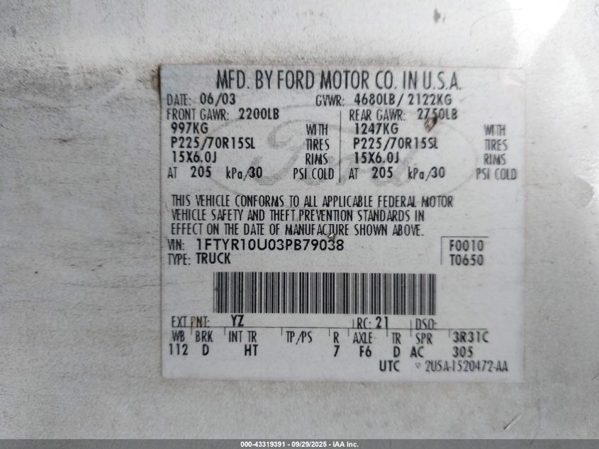 2003 Ford Ranger Edge/Xl/Xlt VIN: 1FTYR10U03PB79038 Lot: 43319391