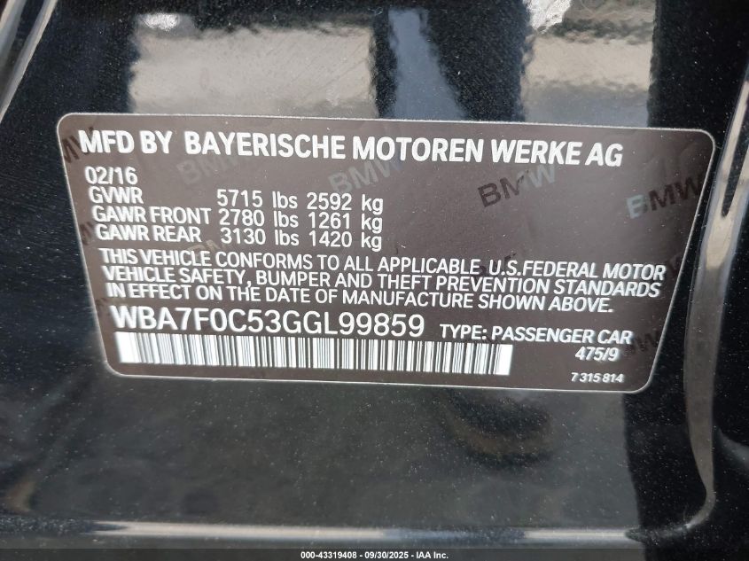 2016 BMW 750I VIN: WBA7F0C53GGL99859 Lot: 43319408