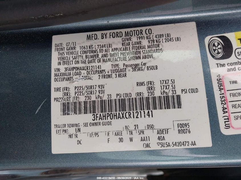 2012 Ford Fusion Se VIN: 3FAHP0HAXCR121141 Lot: 43319418