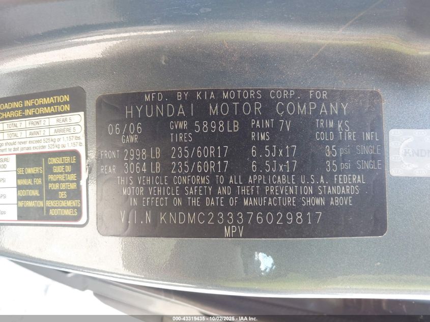 2007 Hyundai Entourage Gls/Limited/Se VIN: KNDMC233376029817 Lot: 43319435