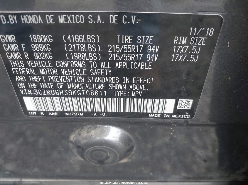 2019 HONDA HR-V LX - 3CZRU6H39KG708611