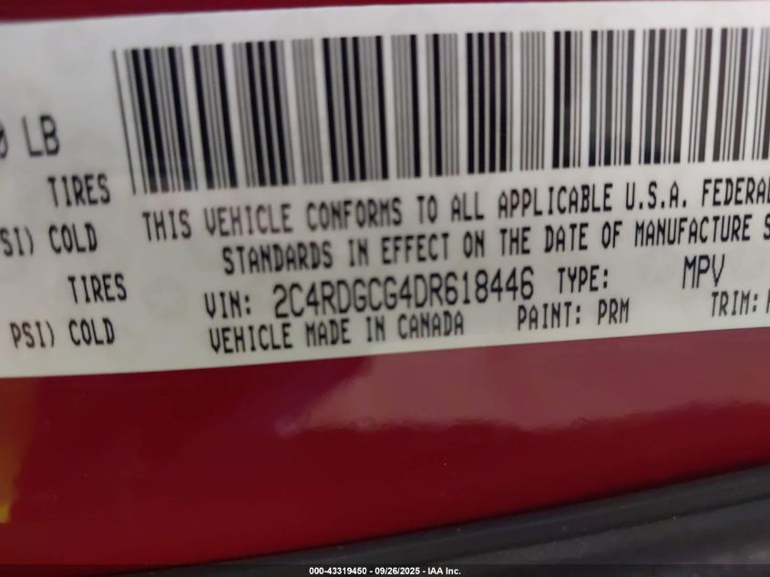 2013 Dodge Grand Caravan Sxt VIN: 2C4RDGCG4DR618446 Lot: 43319450