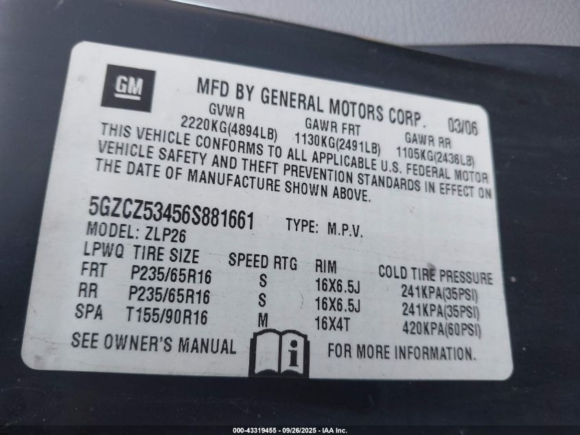 2006 Saturn Vue V6 VIN: 5GZCZ53456S881661 Lot: 43319455