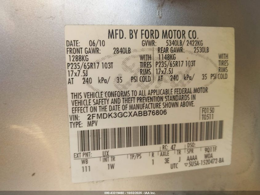 2010 Ford Edge Se VIN: 2FMDK3GCXABB76806 Lot: 43319460