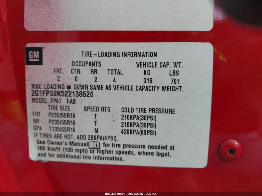 2002 Chevrolet Camaro VIN: 2G1FP32K522138620 Lot: 43319461