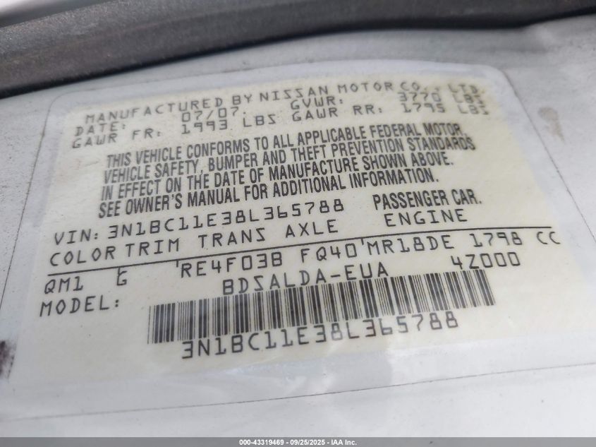 2008 Nissan Versa 1.8S VIN: 3N1BC11E38L365788 Lot: 43319469