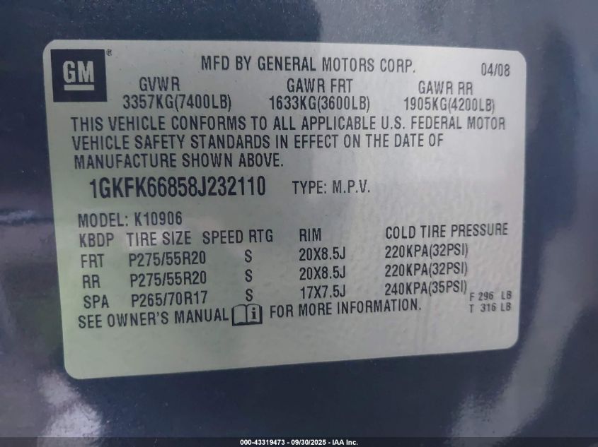 2008 GMC Yukon Xl 1500 Denali VIN: 1GKFK66858J232110 Lot: 43319473