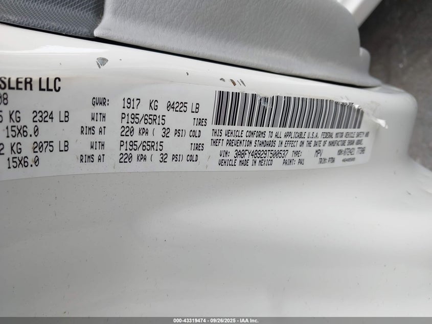 2009 Chrysler Pt Cruiser Lx VIN: 3A8FY48929T500537 Lot: 43319474