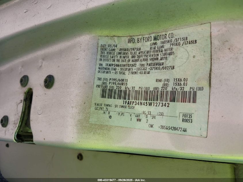 2005 Ford Focus Zx4 VIN: 1FAFP34N45W127342 Lot: 43319477