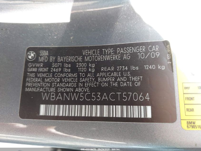 2010 BMW 550I VIN: WBANW5C53ACT57064 Lot: 43319479