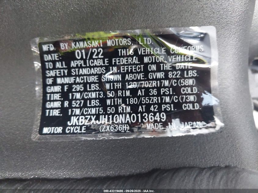 2022 Kawasaki Zx636 K VIN: JKBZXJH10NA013649 Lot: 43319486