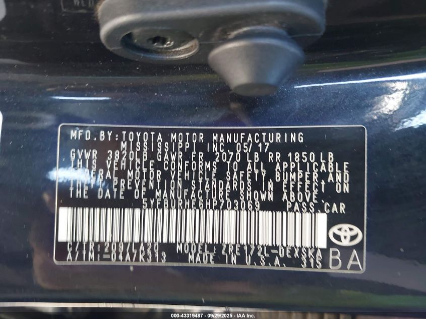 2017 Toyota Corolla Xse VIN: 5YFBURHE6HP703069 Lot: 43319487