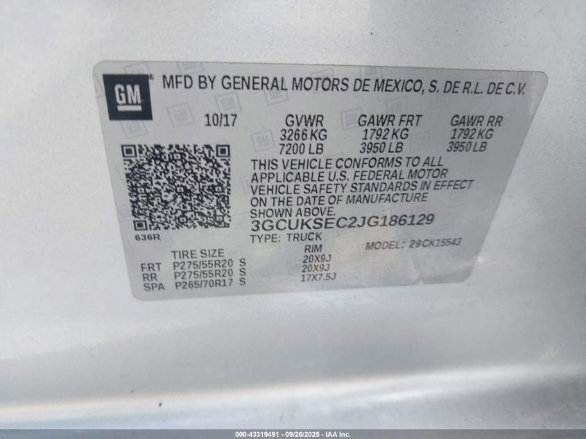 2018 Chevrolet Silverado 1500 1Lz VIN: 3GCUKSEC2JG186129 Lot: 43319491