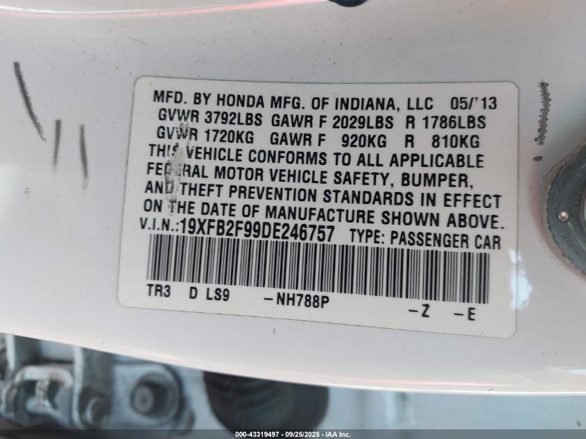 2013 Honda Civic Ex-L VIN: 19XFB2F99DE246757 Lot: 43319497